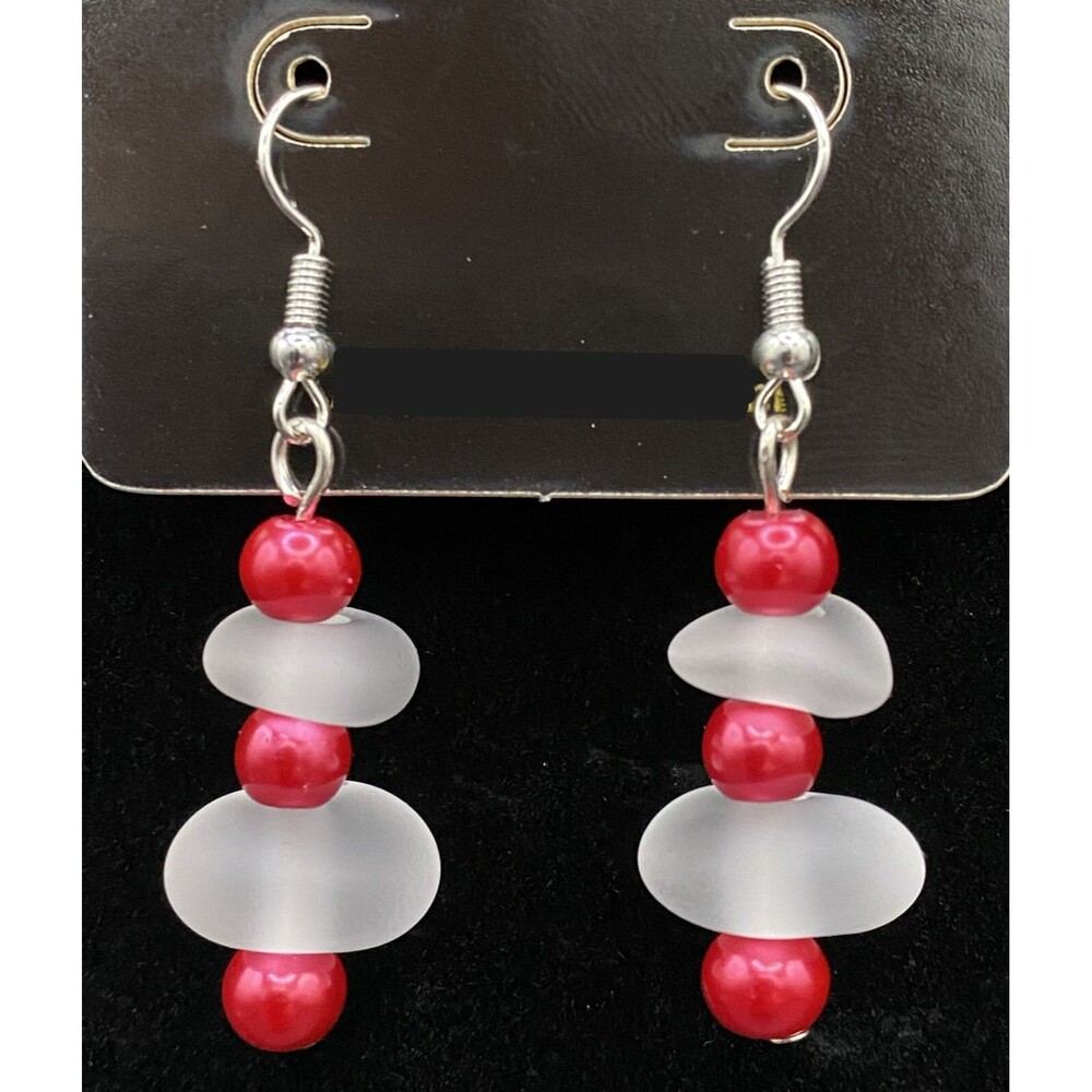 Handmade White Sea Glass & Red Faux Pearl Earrings by Neanie-Bot